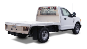 White truck with gooseneck body