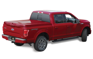 Red pickup truck with tonneau cover